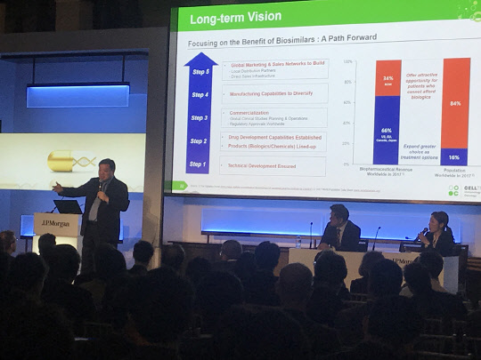 서정진 셀트리온그룹 회장이 9일(현지시간) 'JP모건 헬스케어 콘퍼런스'에서 셀트리온그룹의 신성장동력에 대해 설명하고 있다.  셀트리온 제공